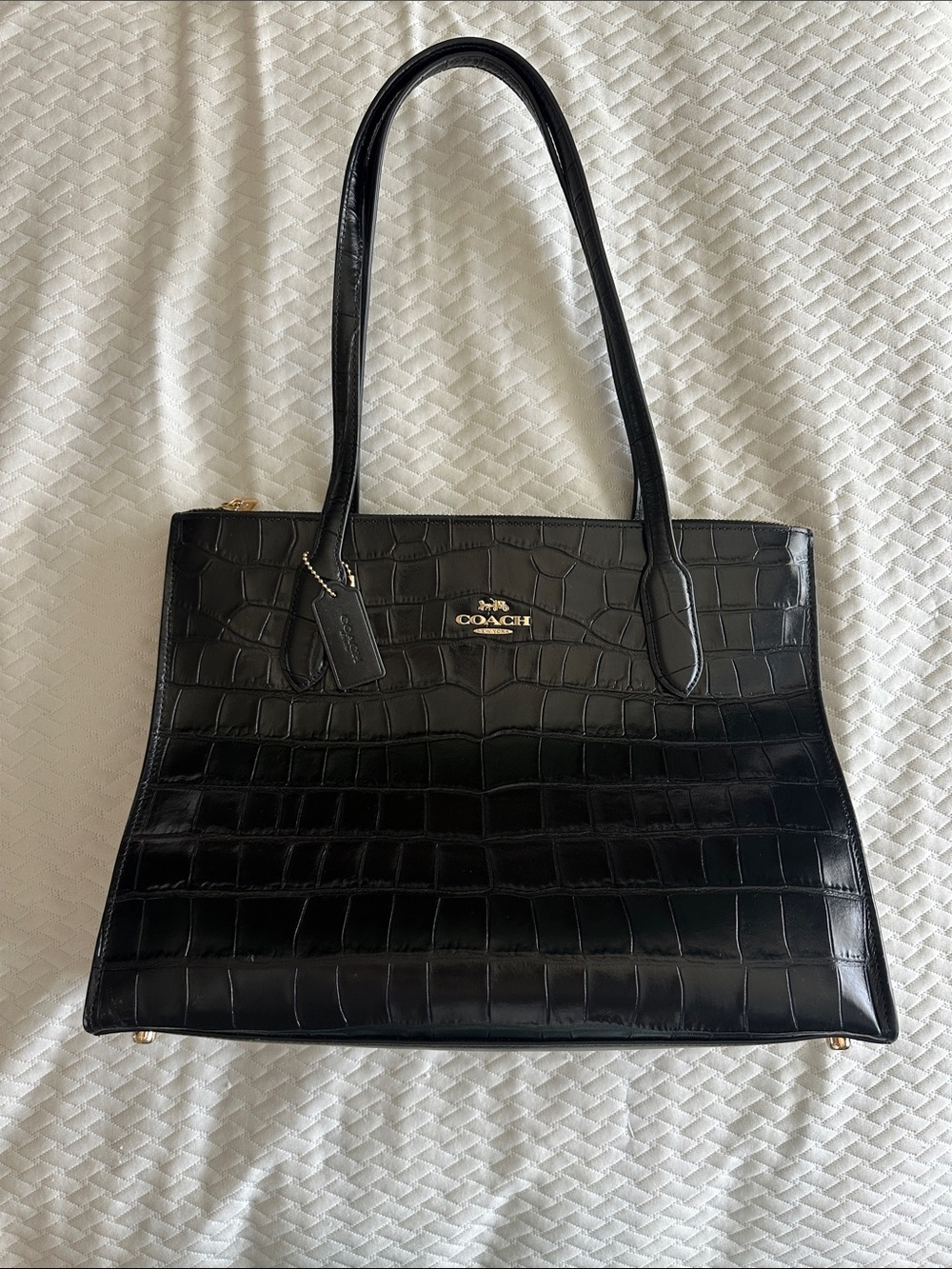 Coach Black Croc-Embossed Leather Tote with Gold Logo